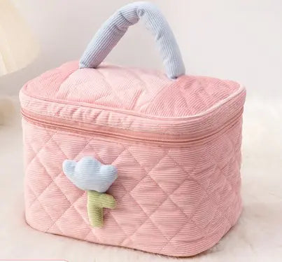 Corduroy Flower Makeup Bag Set for Travel and Beauty