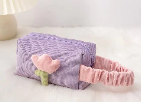 Corduroy Flower Makeup Bag Set for Travel and Beauty